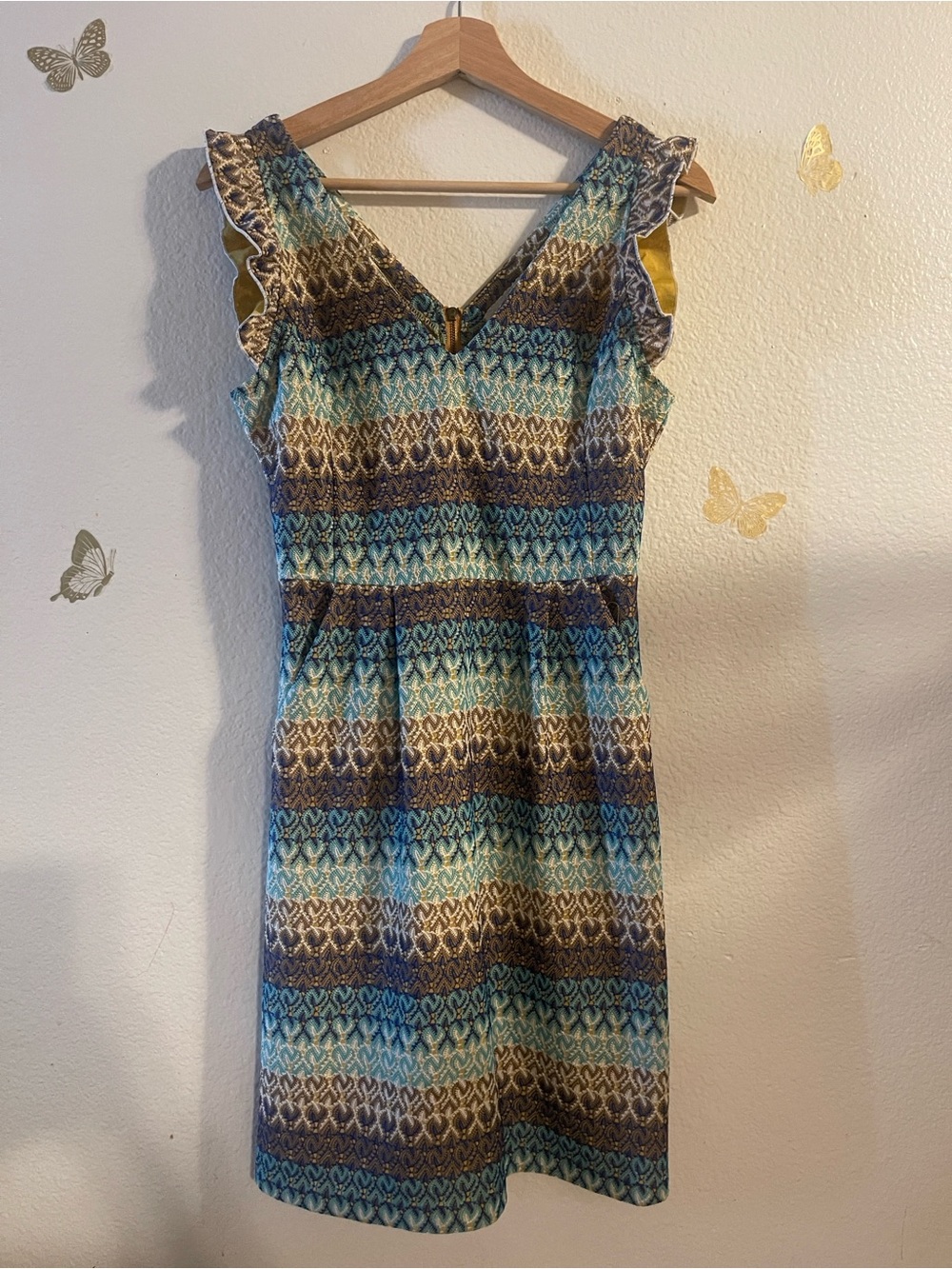 Anthropologie Blue and Brown Striped Ruffle-Sleeve Midi Dress
